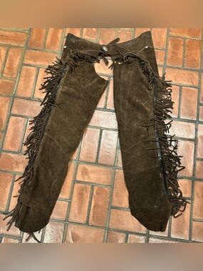 Professional Equine Brown Suede Leather
Chaps with Fringe, Size XL